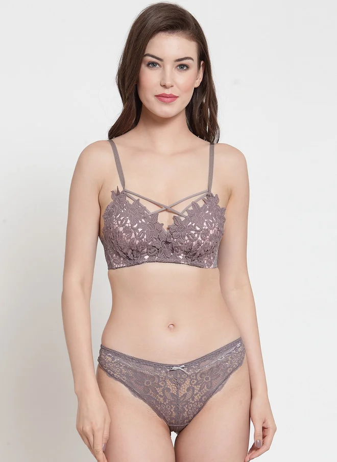 ليس اند مي  Laceandme Women Mauve Floral Printed Lingerie Set 4513